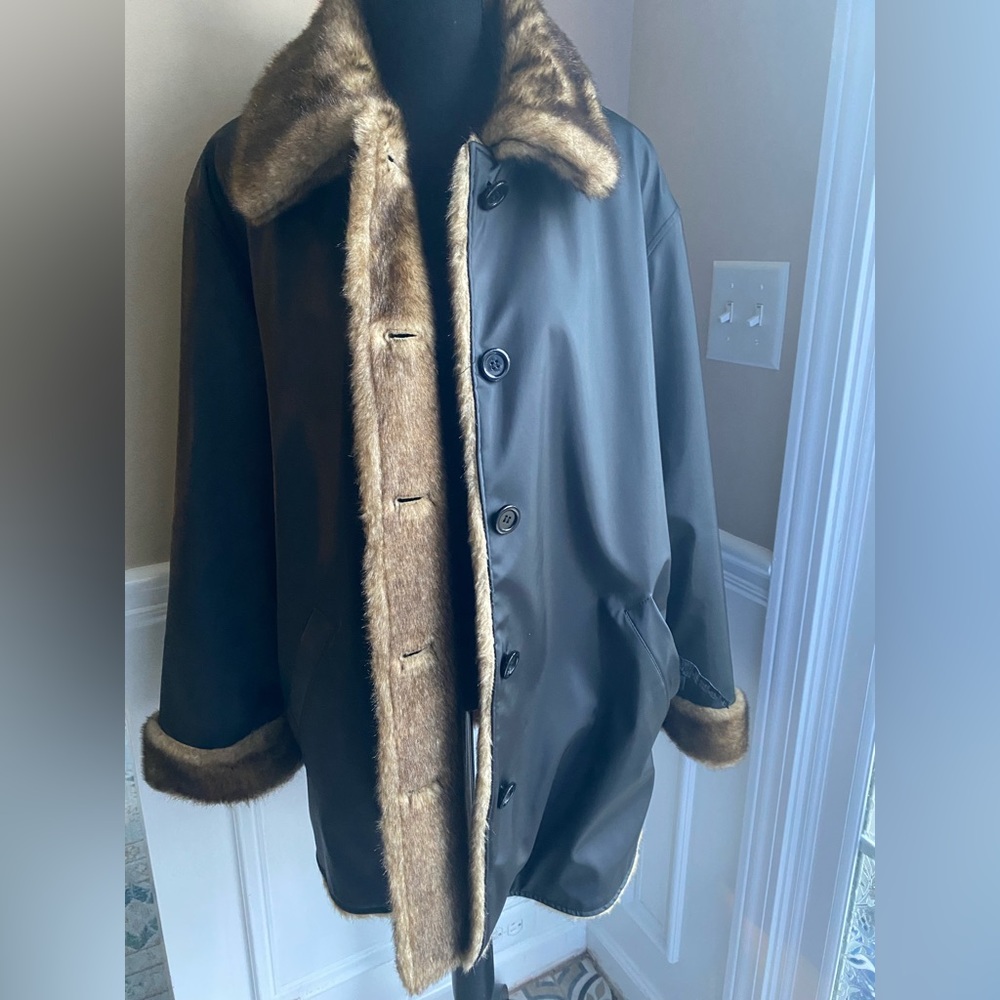 Vintage 80's Donnybrook Brown Faux Fur Coat Jacket Large REVERSIBLE.